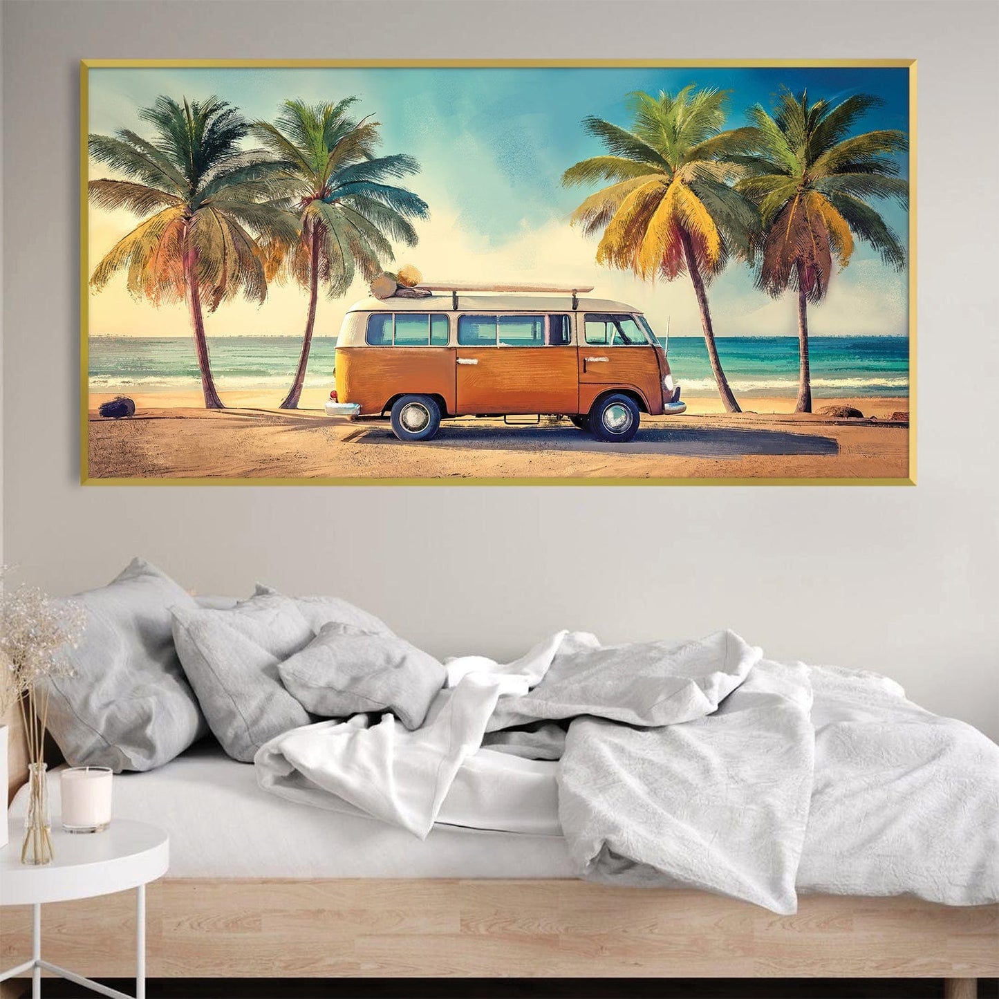 Coastal Sunset Vibes with Vintage Van and Palm Trees Oil Painting
