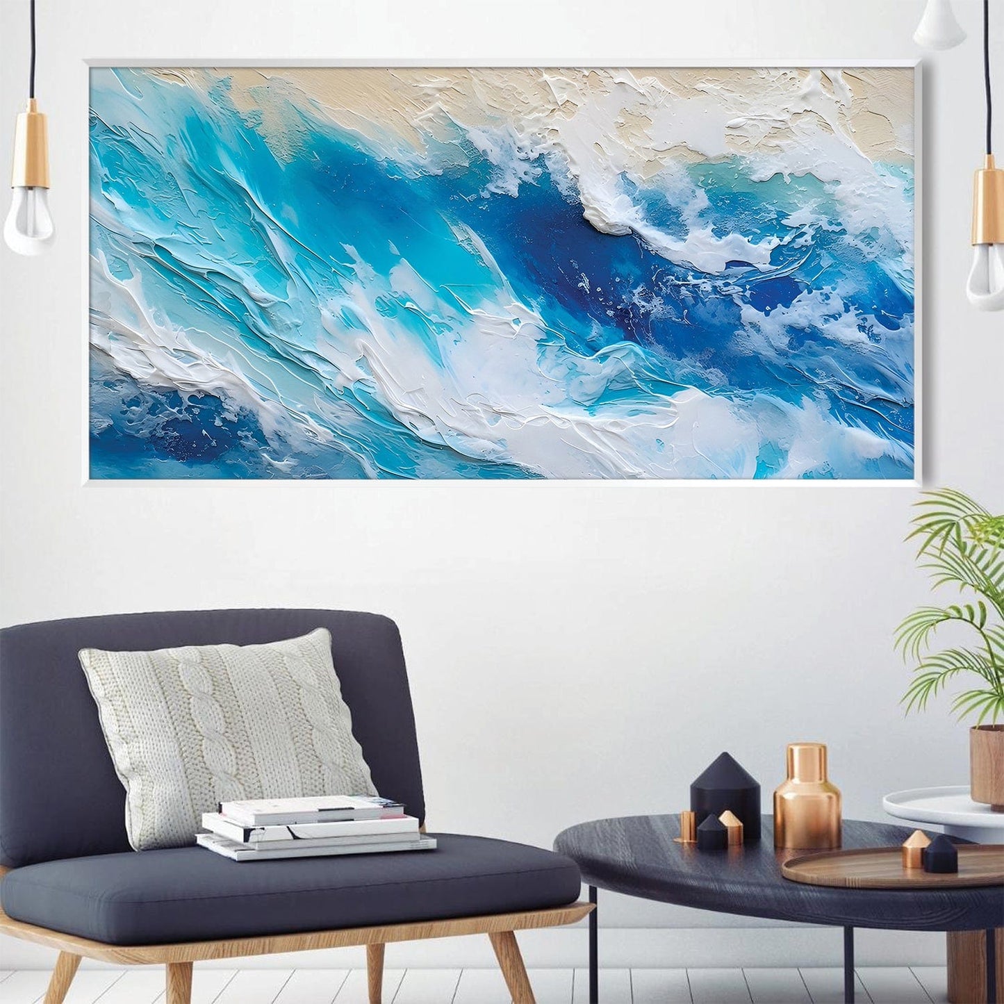 Coastal Serenity Abstract Oil Painting in Vivid Blue and Cream Tones for Modern Decor