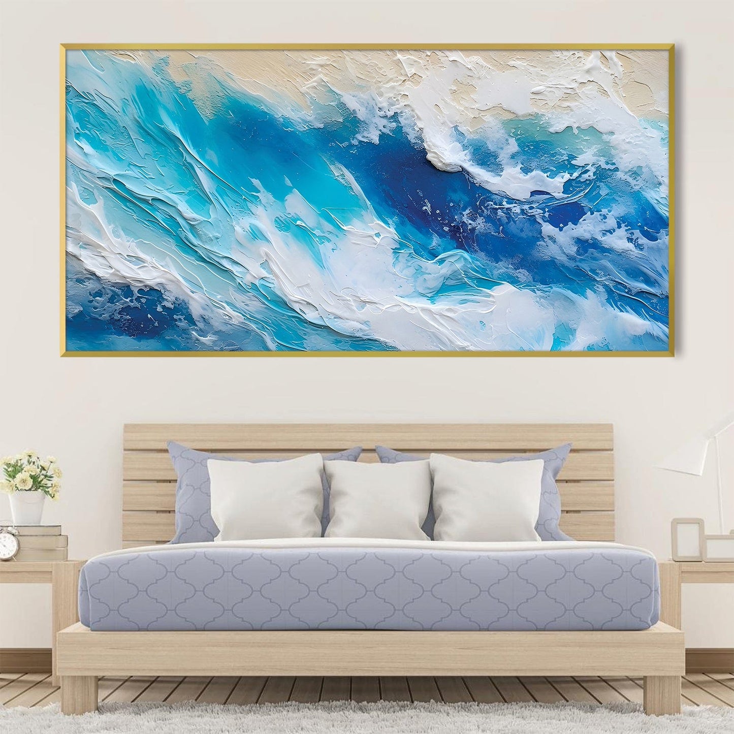 Coastal Serenity Abstract Oil Painting in Vivid Blue and Cream Tones for Modern Decor