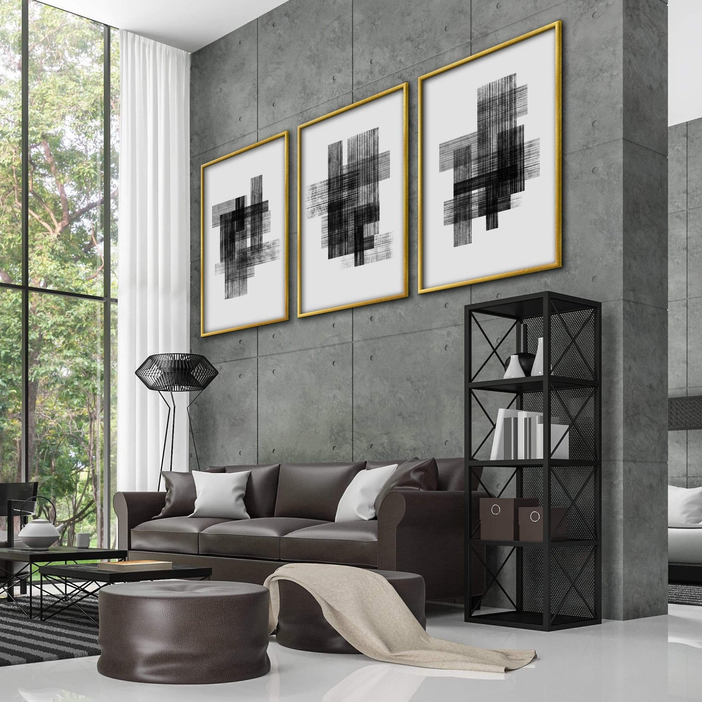 Abstract Black and White Lines Oil Painting for Modern Home Decor