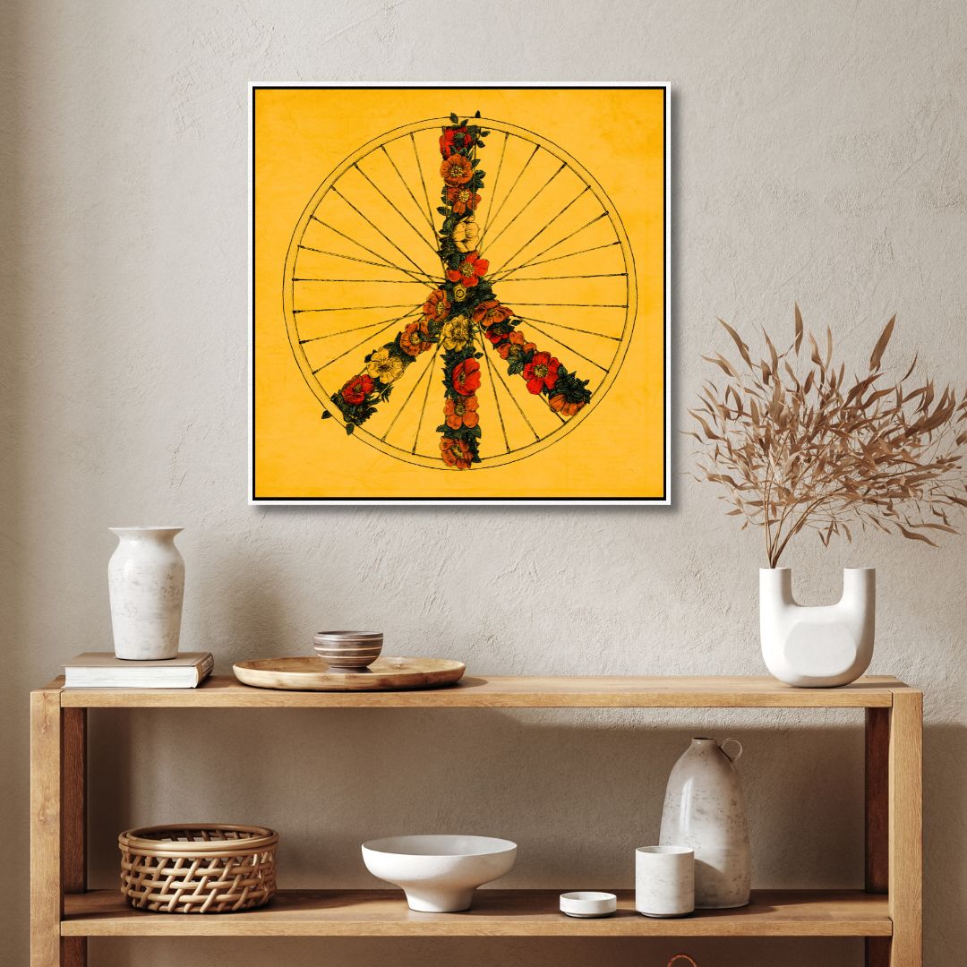 Bohemian Peace Wheel Oil Painting with Floral Accents