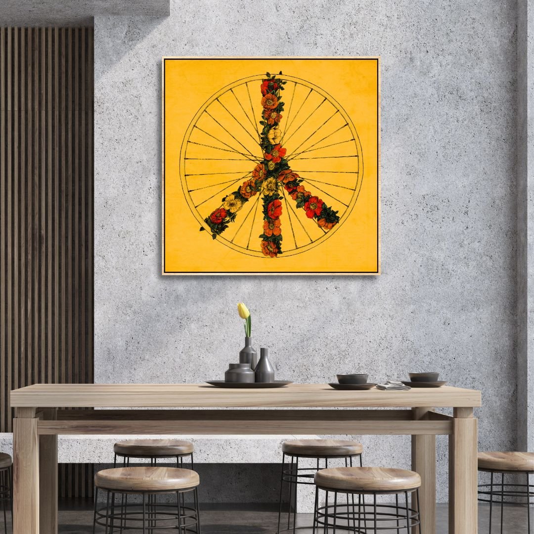Bohemian Peace Wheel Oil Painting with Floral Accents