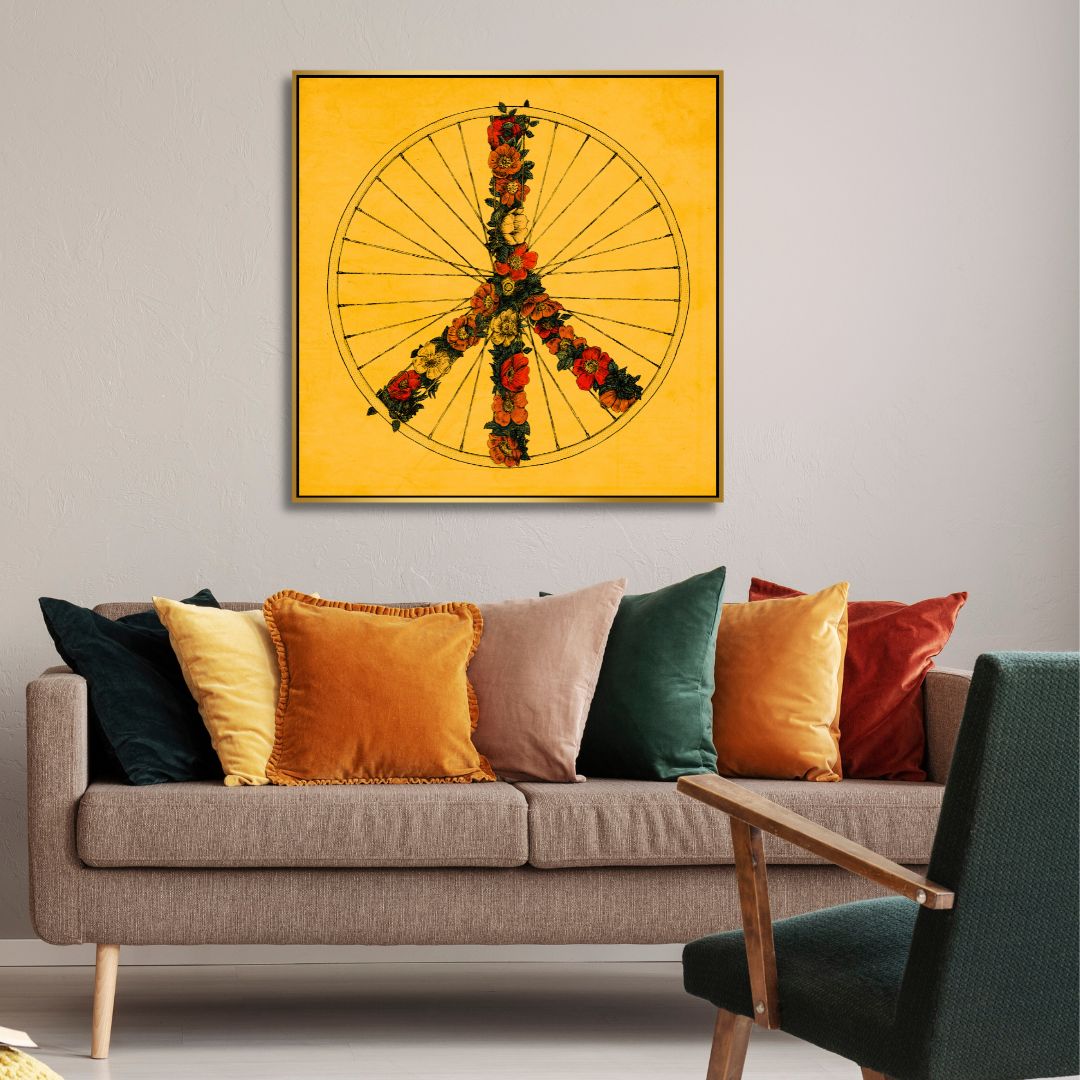 Bohemian Peace Wheel Oil Painting with Floral Accents