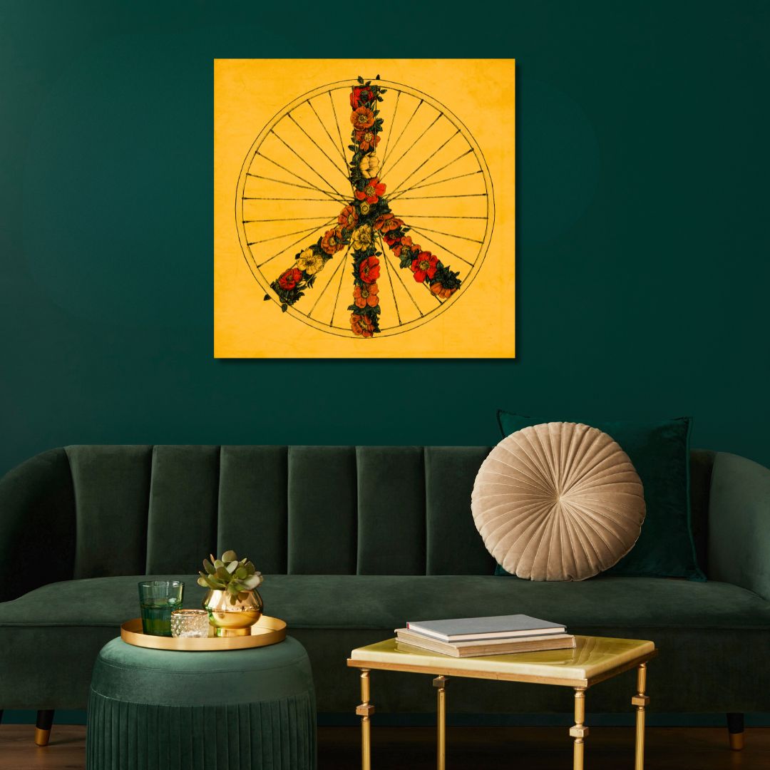 Bohemian Peace Wheel Oil Painting with Floral Accents