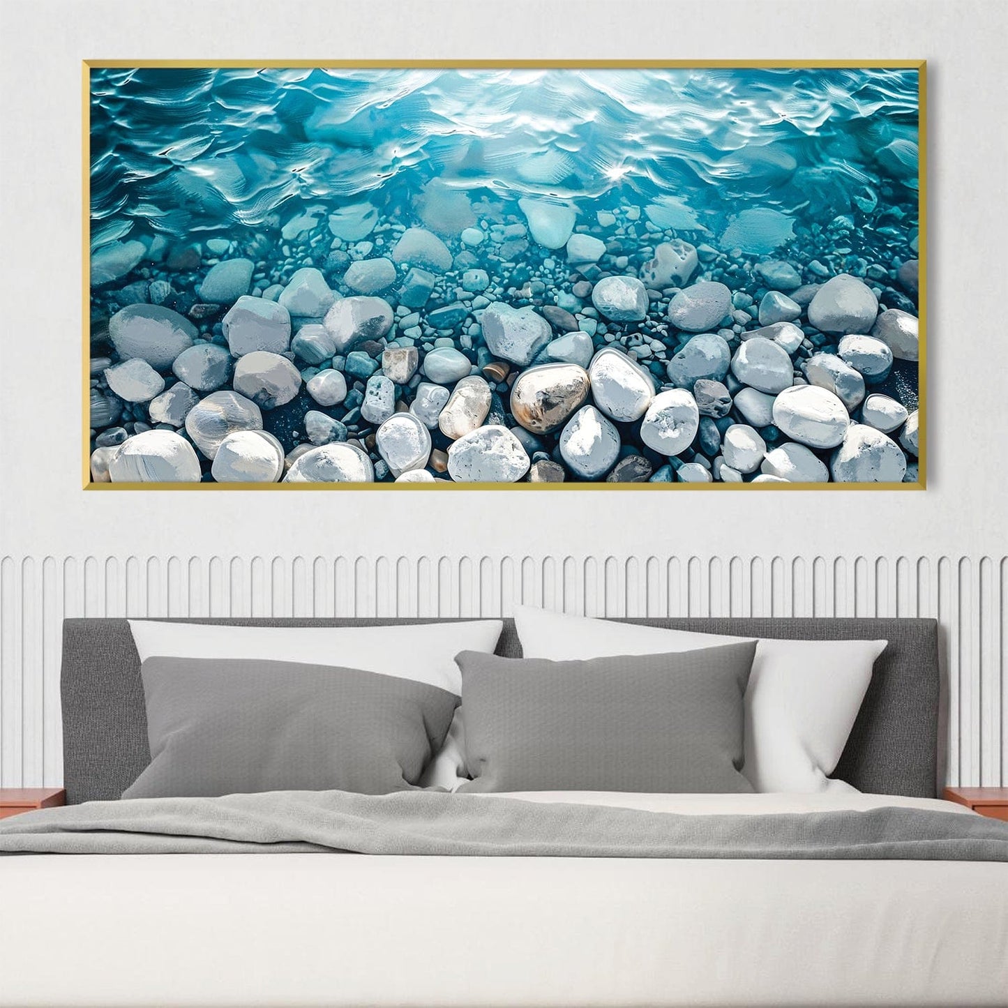 Tranquil Waterscape: Serene Oil Painting of Pebble Shores and Gentle Waves