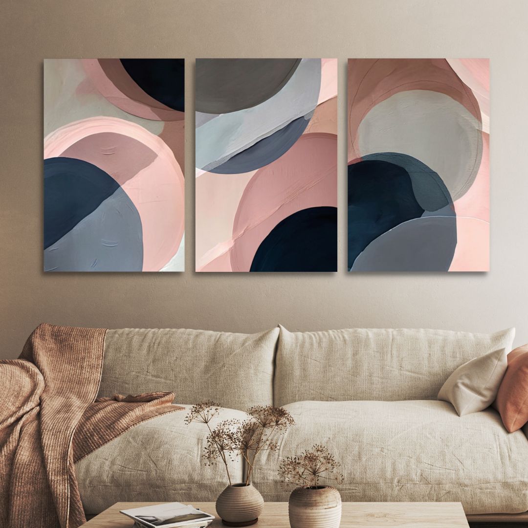 Geometric Abstract Oil Painting in Pink and Blue Tones for Modern Home Decor