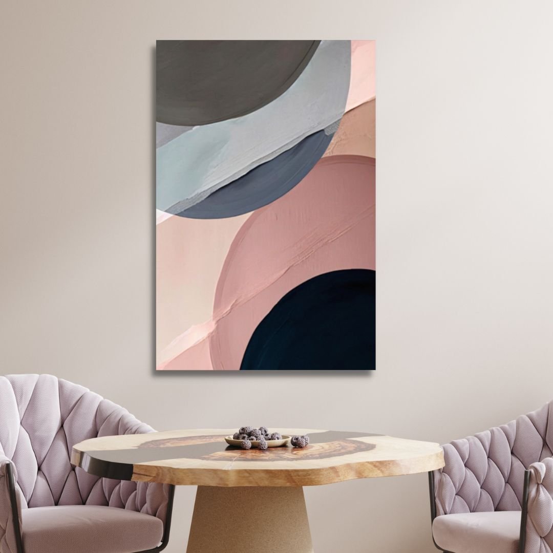 Geometric Abstract Oil Painting in Pink and Blue Tones for Modern Home Decor