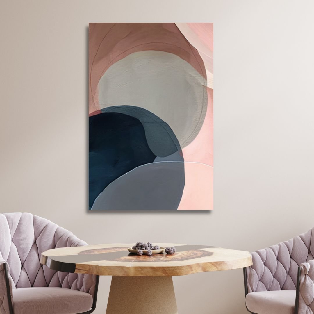 Geometric Abstract Oil Painting in Pink and Blue Tones for Modern Home Decor