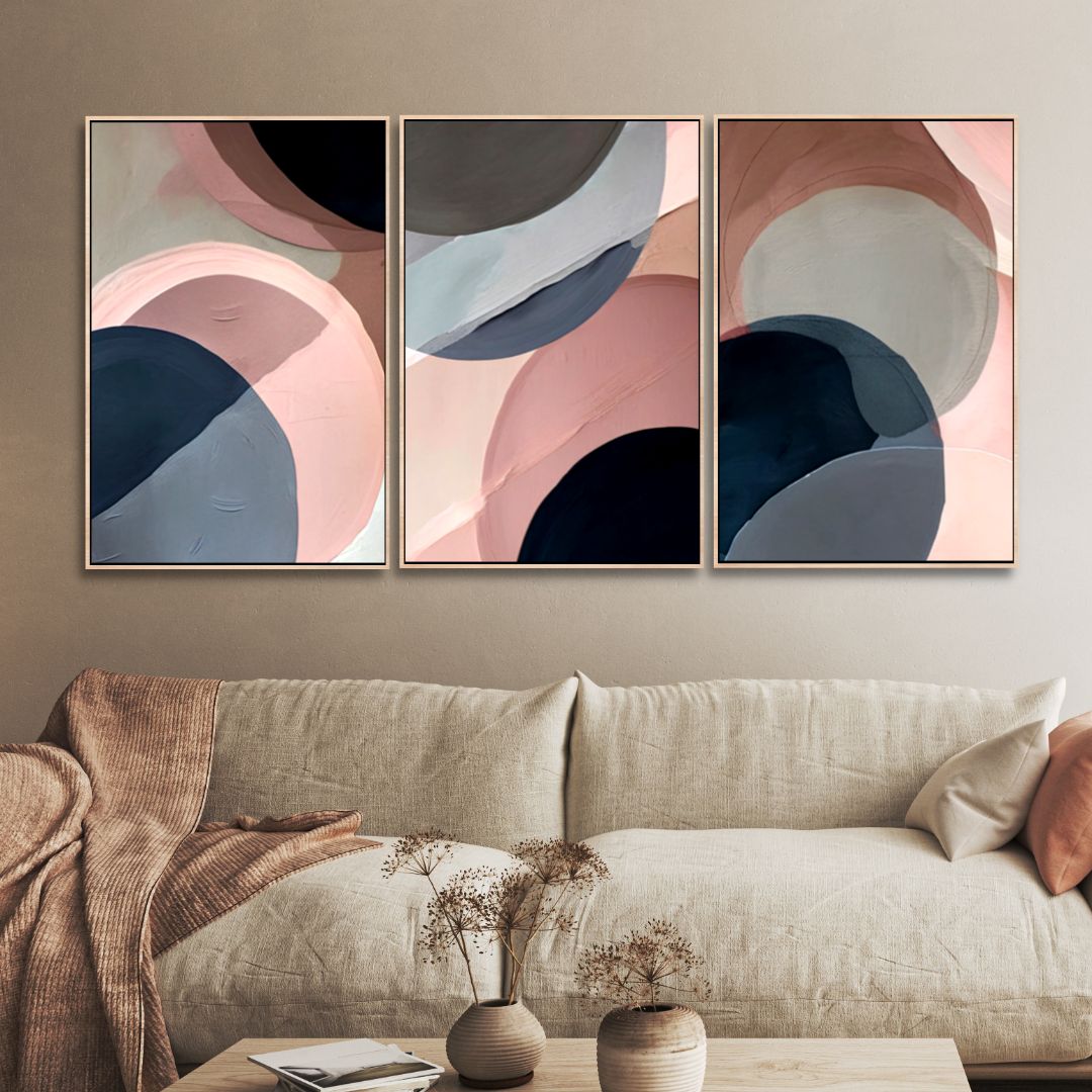 Geometric Abstract Oil Painting in Pink and Blue Tones for Modern Home Decor