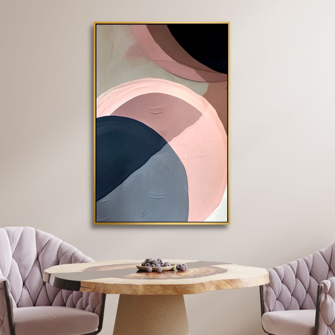 Geometric Abstract Oil Painting in Pink and Blue Tones for Modern Home Decor