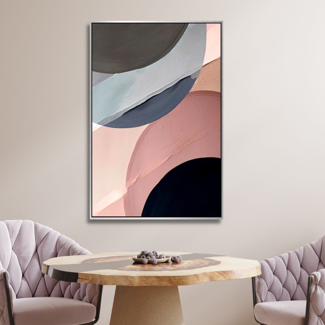 Geometric Abstract Oil Painting in Pink and Blue Tones for Modern Home Decor