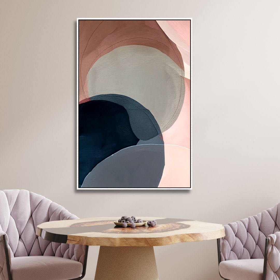 Geometric Abstract Oil Painting in Pink and Blue Tones for Modern Home Decor