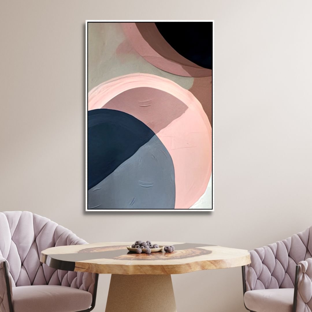 Geometric Abstract Oil Painting in Pink and Blue Tones for Modern Home Decor