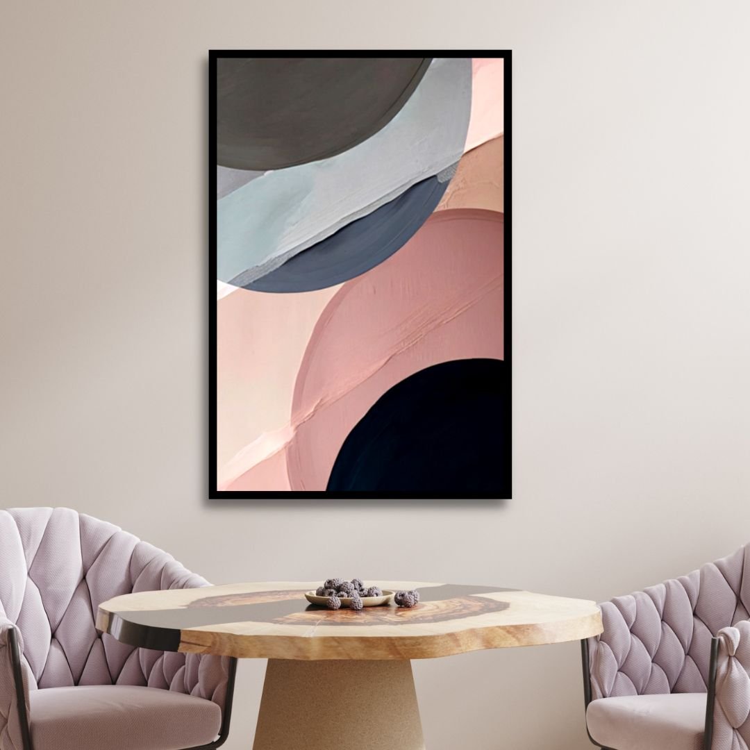Geometric Abstract Oil Painting in Pink and Blue Tones for Modern Home Decor