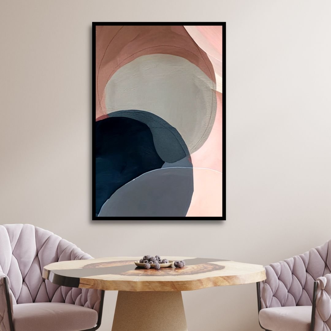 Geometric Abstract Oil Painting in Pink and Blue Tones for Modern Home Decor