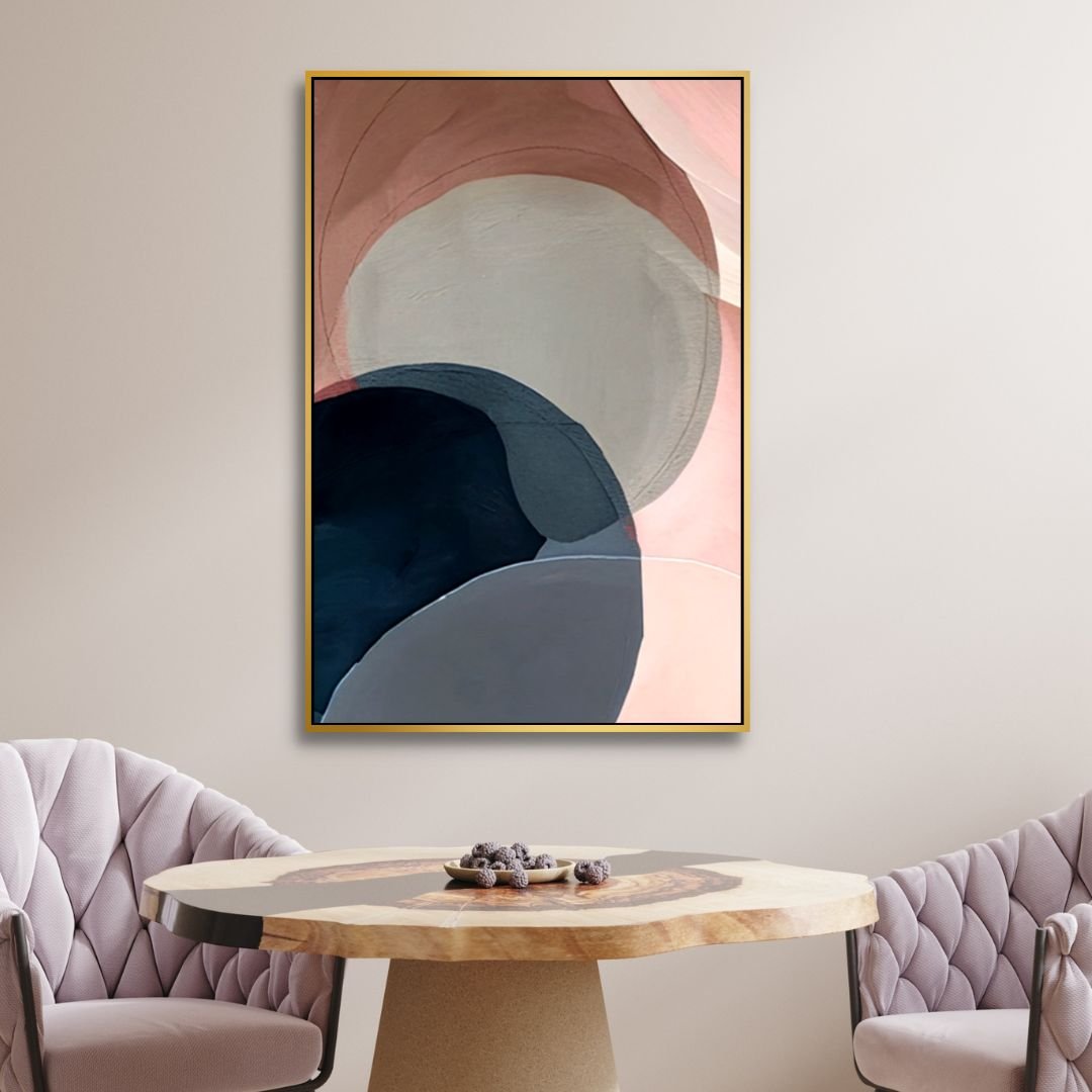 Geometric Abstract Oil Painting in Pink and Blue Tones for Modern Home Decor