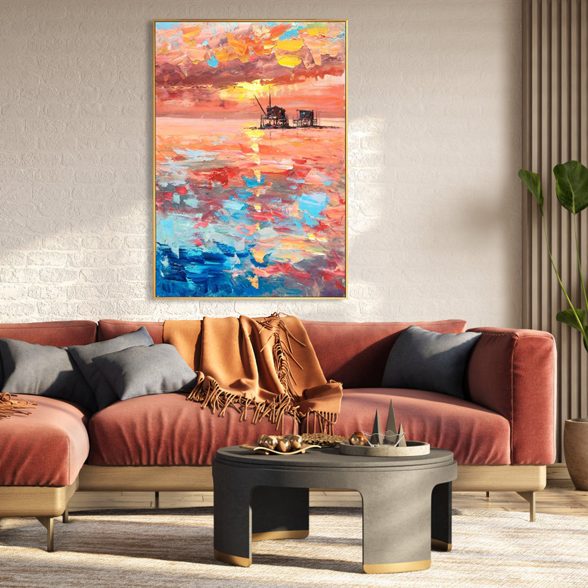 Beautiful Pink Sunset Over Calm Ocean Sky - Vibrant Oil Painting for Home Decor