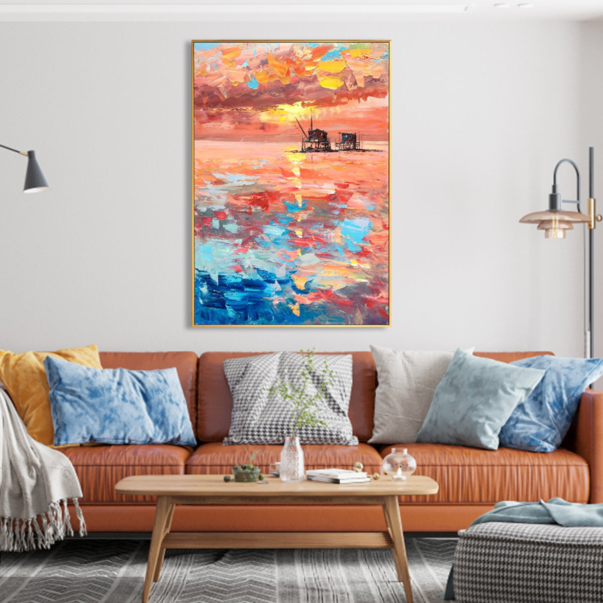 Beautiful Pink Sunset Over Calm Ocean Sky - Vibrant Oil Painting for Home Decor