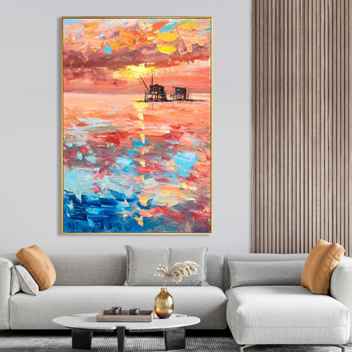 Beautiful Pink Sunset Over Calm Ocean Sky - Vibrant Oil Painting for Home Decor