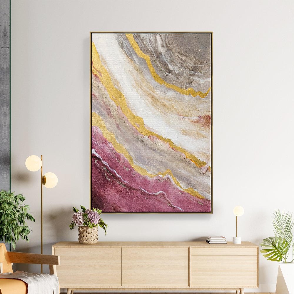 Abstract Pink and Gold Ocean Inspired Oil Painting for Modern Home Decor