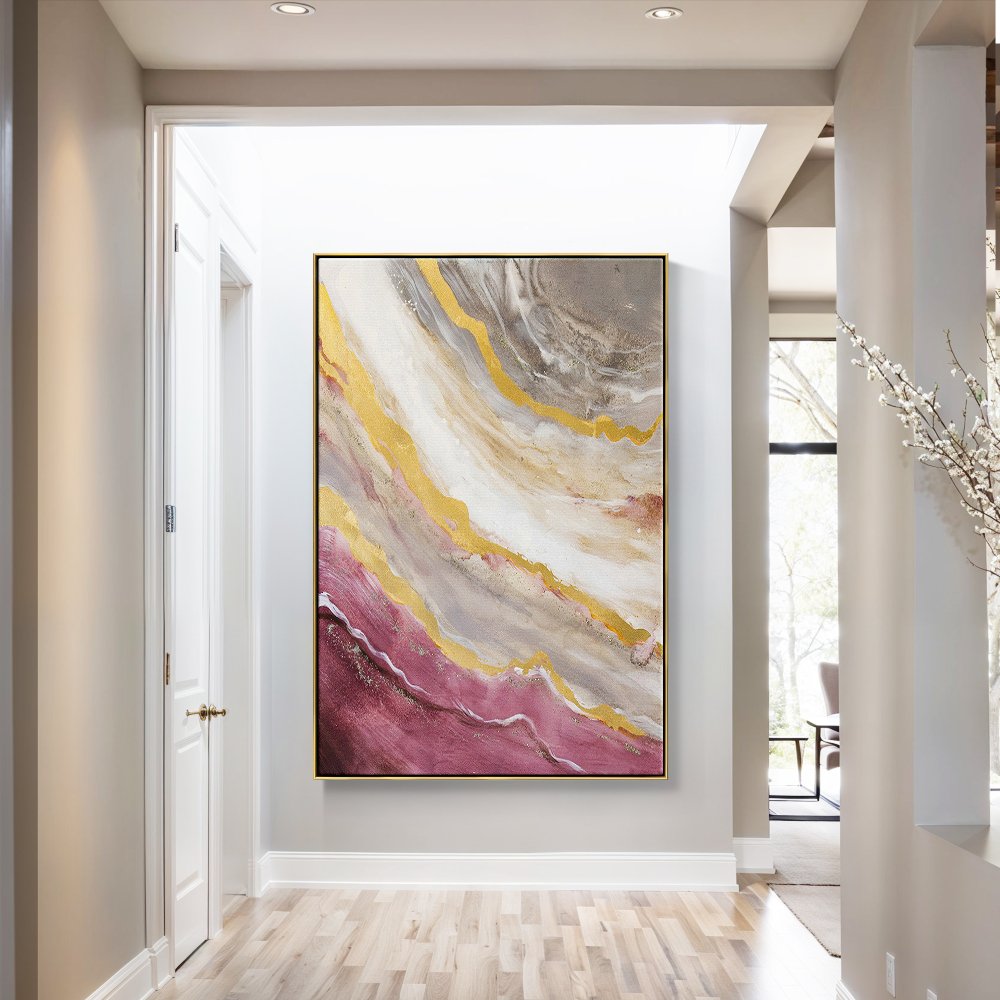 Abstract Pink and Gold Ocean Inspired Oil Painting for Modern Home Decor