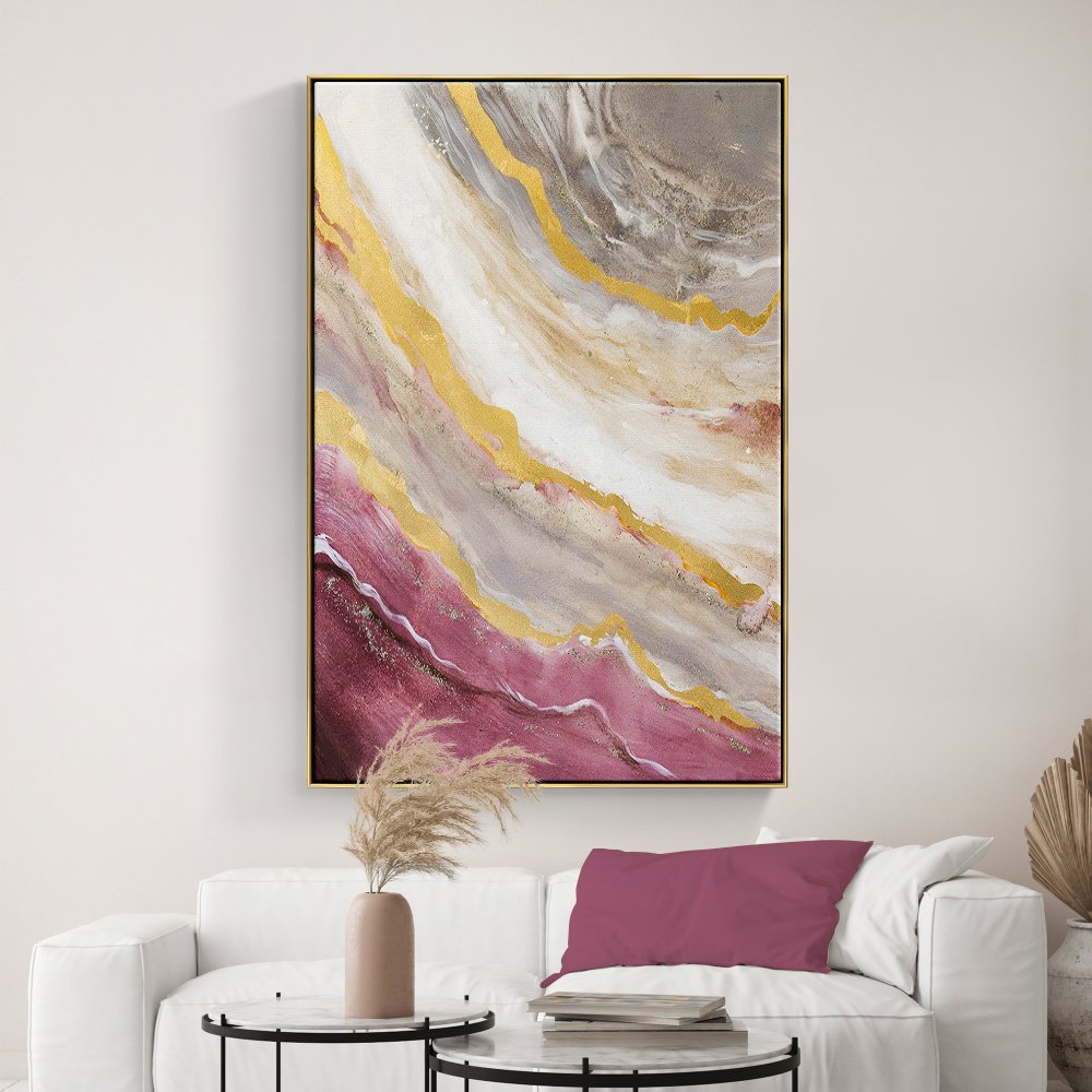Abstract Pink and Gold Ocean Inspired Oil Painting for Modern Home Decor