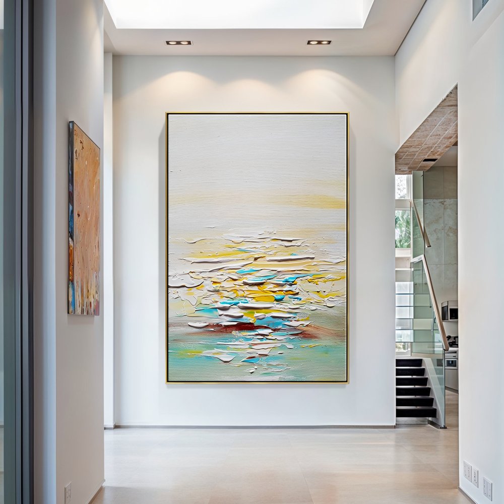 Serene Abstract Ocean Landscape in Warm Yellow and Cool Blue Tones