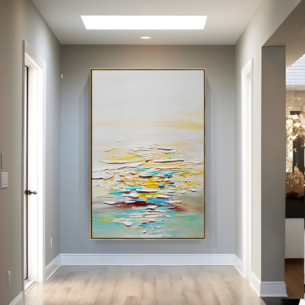 Serene Abstract Ocean Landscape in Warm Yellow and Cool Blue Tones