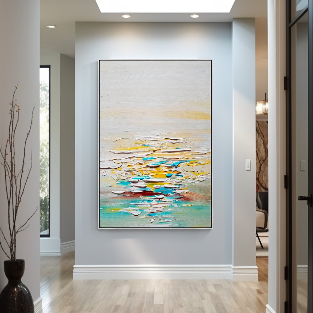 Serene Abstract Ocean Landscape in Warm Yellow and Cool Blue Tones