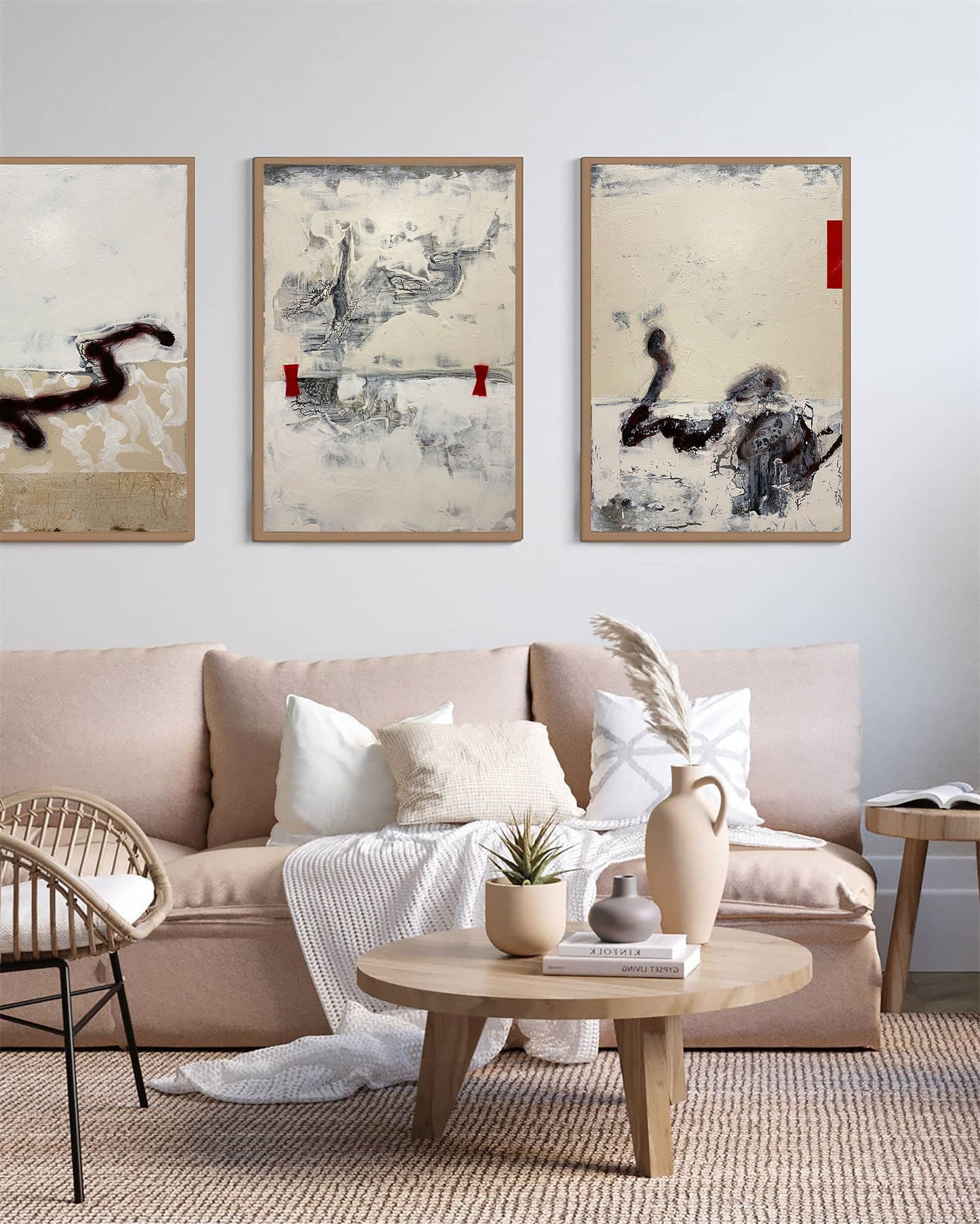 Contemporary Beige Abstract Oil Painting with Textured Layers and Bold Accents