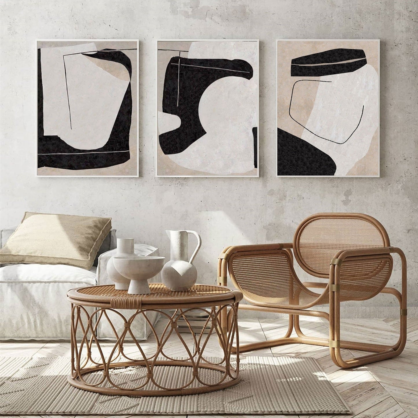 Contemporary Minimalist Black and White Abstract Oil Painting for Modern Decor