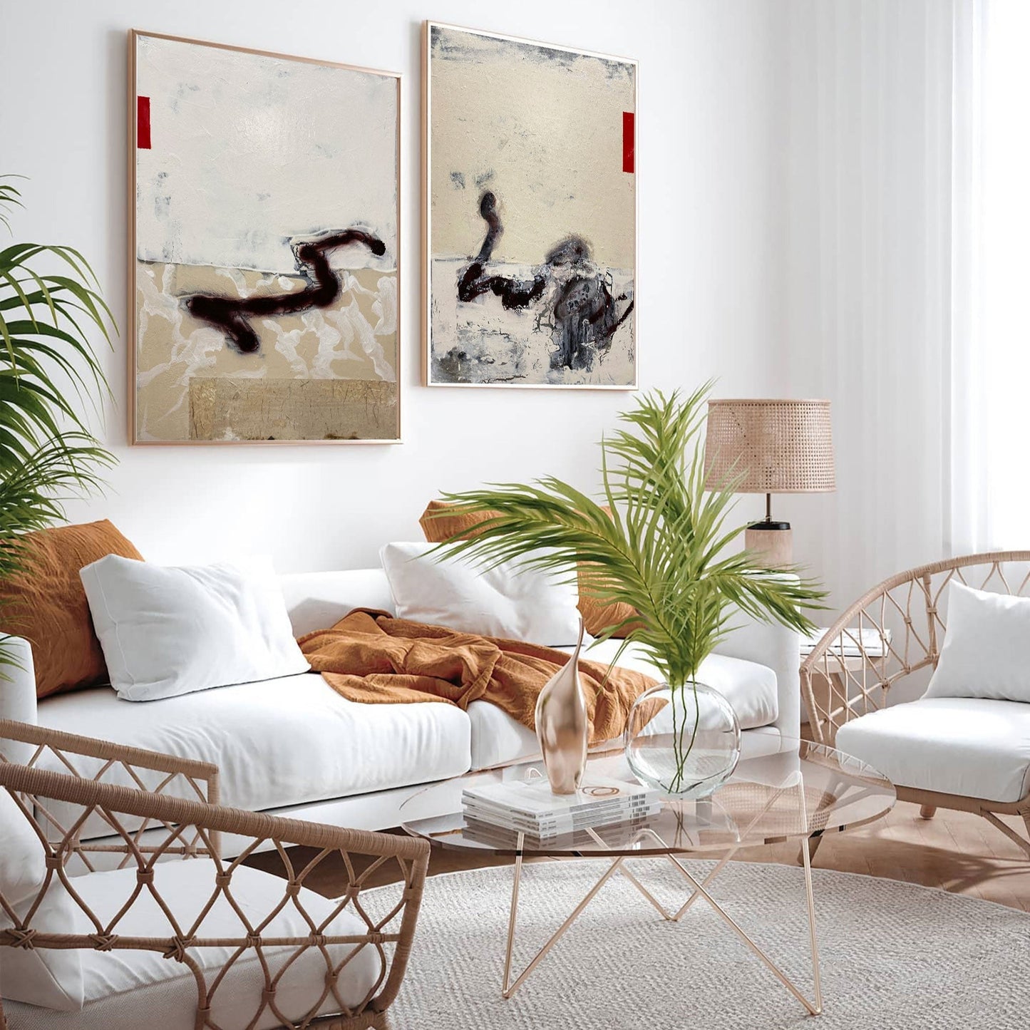 Contemporary Beige Abstract Oil Painting with Dynamic Textures and Shapes
