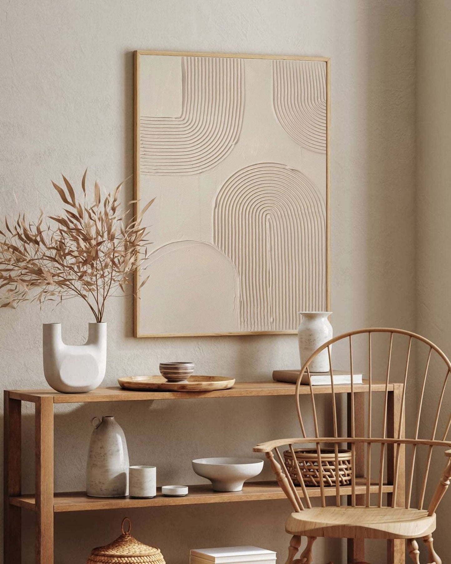 Beige Minimalist Abstract Oil Painting for Modern Home Decor