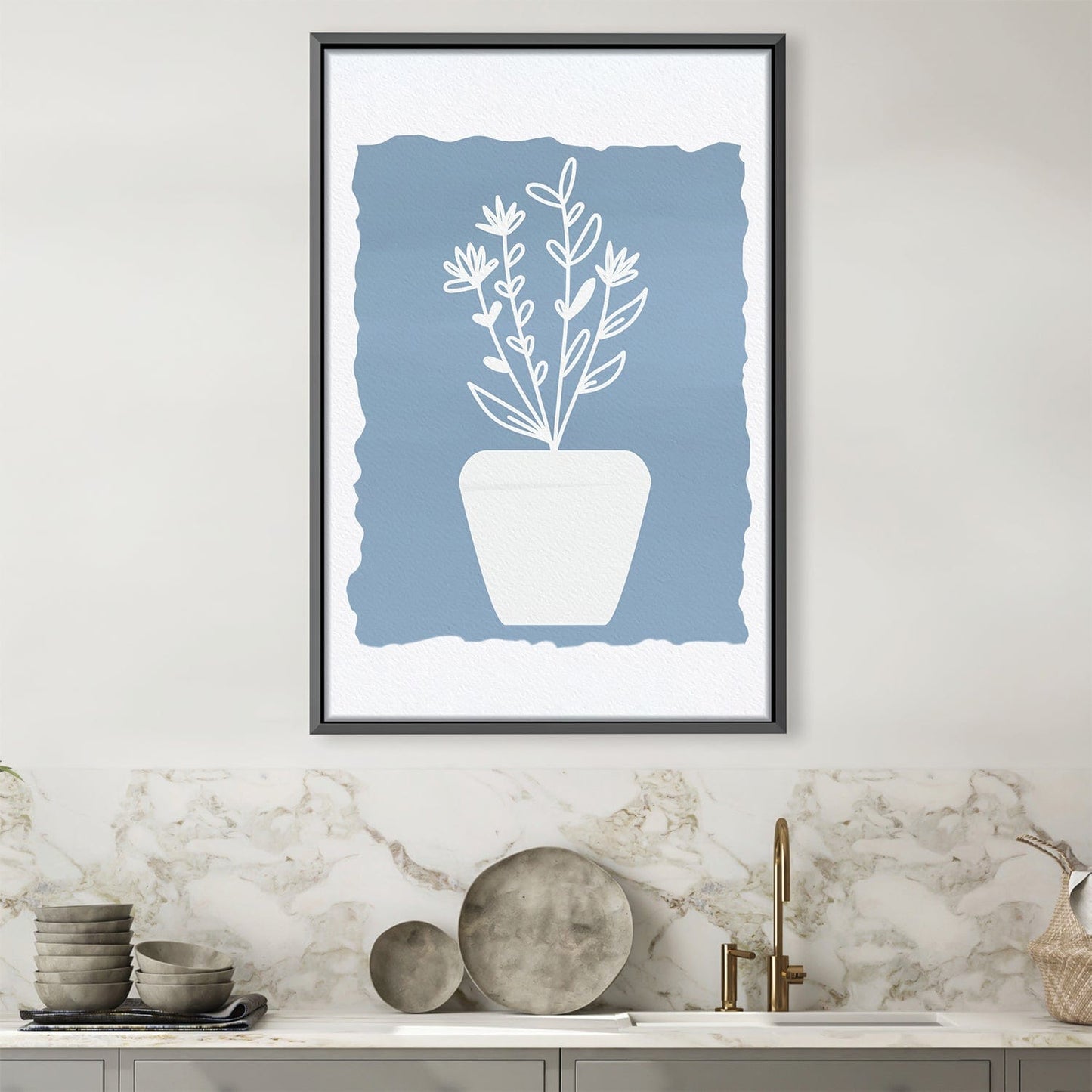 Charming Oil Painting of Potted Flowers on Blue Background for Home Decor