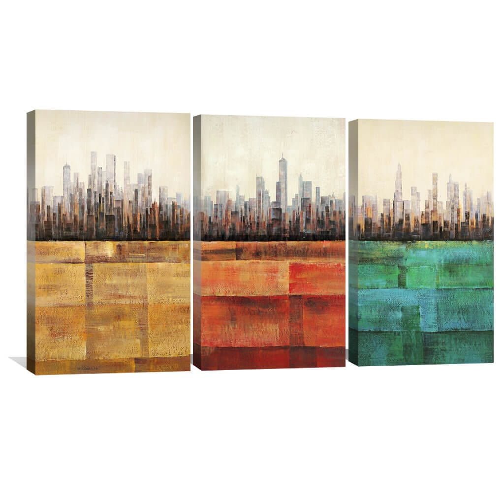 Cityscapes in Vibrant Hues - Modern Abstract Oil Painting Triptych