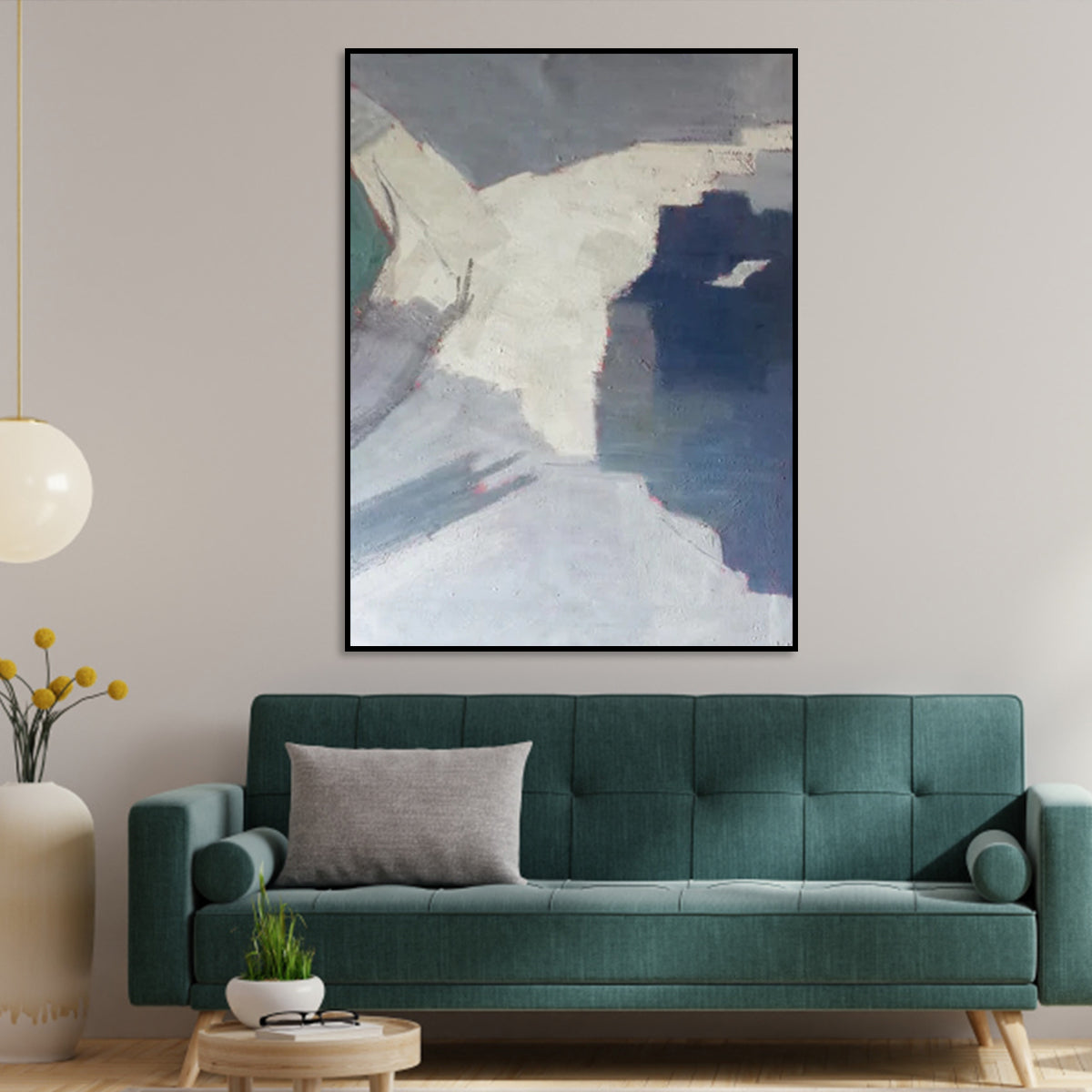 Abstract Oil Painting of Serene Pursuit in Soft Grays and Whites