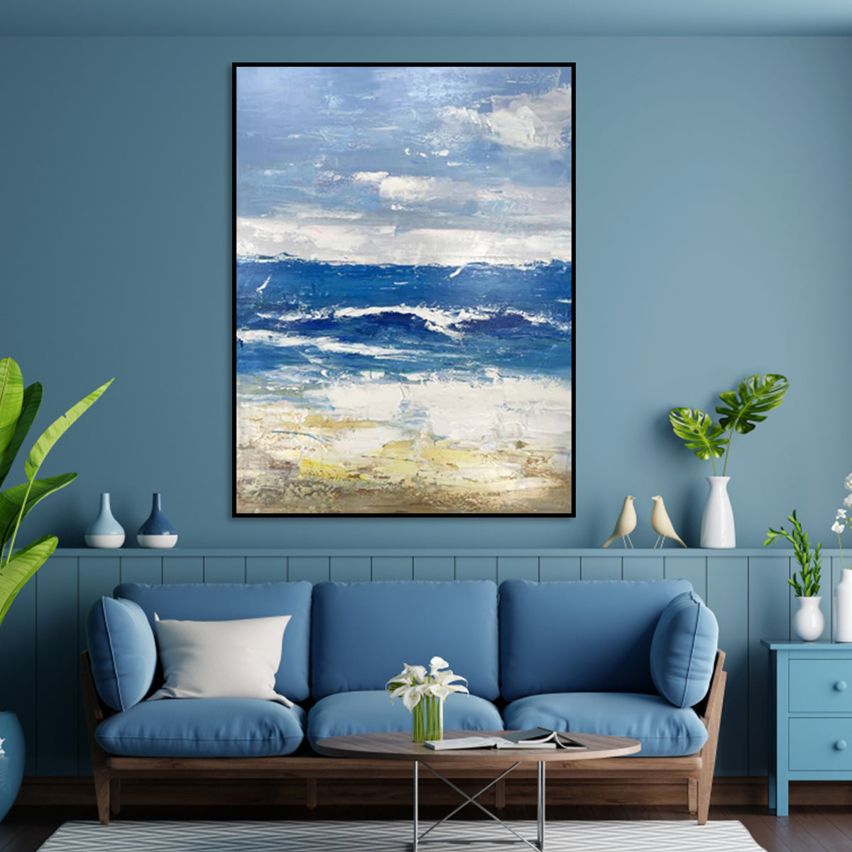 Tranquil Ocean Waves in Vibrant Oil Painting for Serene Home Decor