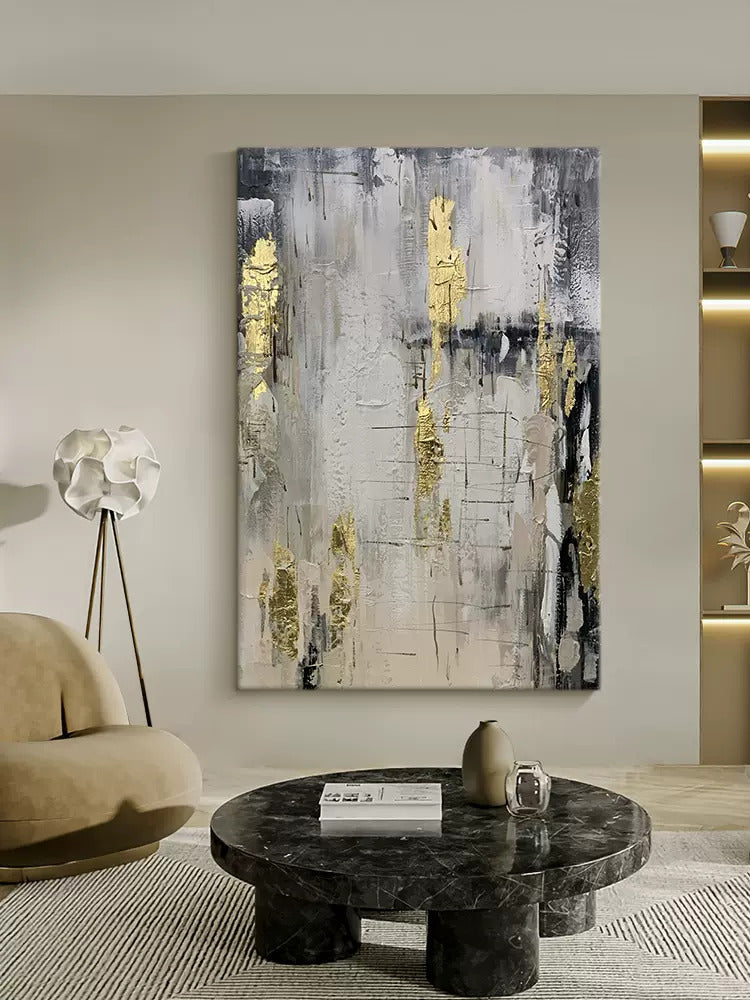 Gray Black and White Gold Leaf Abstract Oil Painting