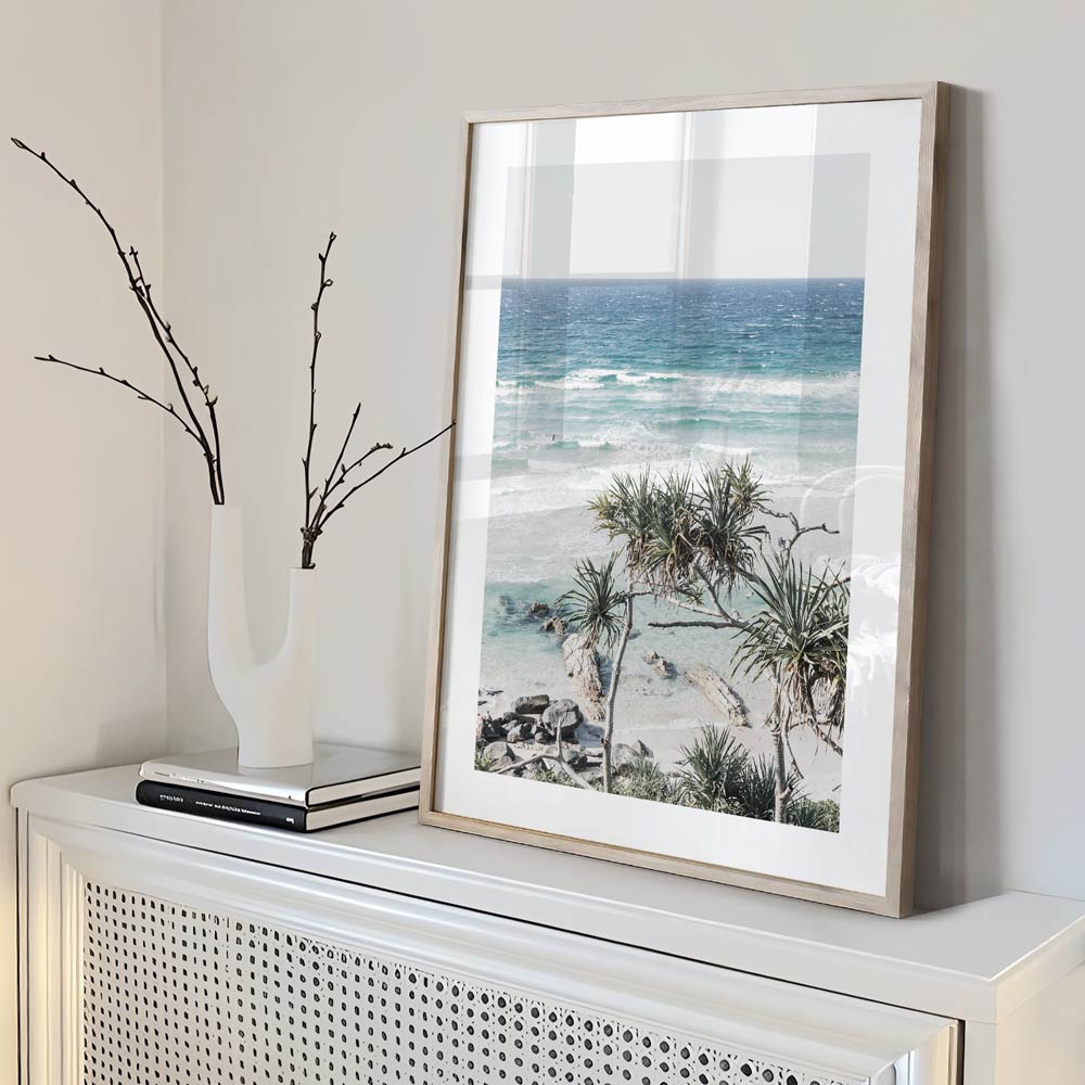 Tropical Serenity: Vibrant Oil Painting of Palm Trees by the Ocean Waves