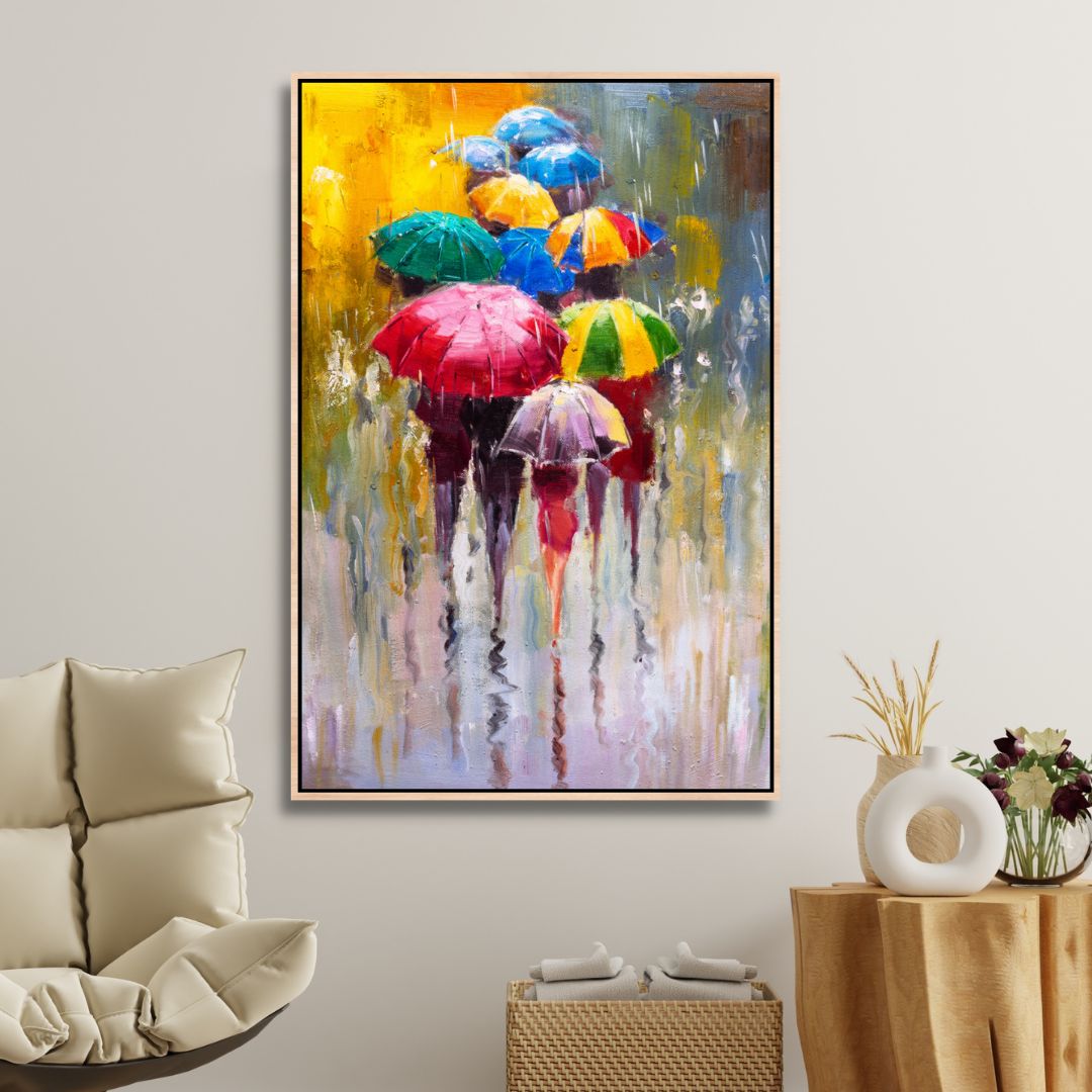 Colorful Umbrellas in Rainy Day Abstract Oil Painting for Home Decor