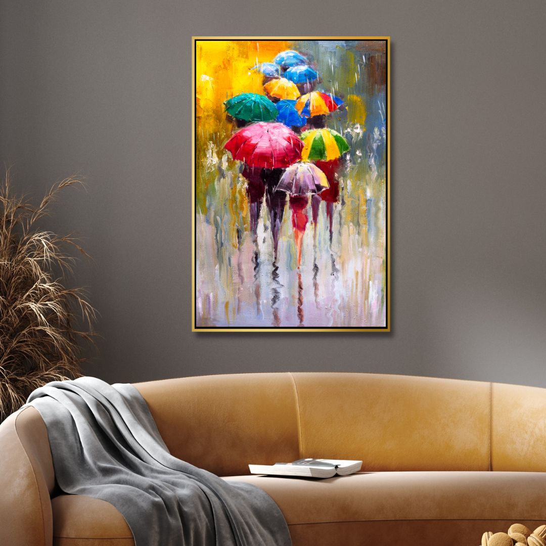 Colorful Umbrellas in Rainy Day Abstract Oil Painting for Home Decor