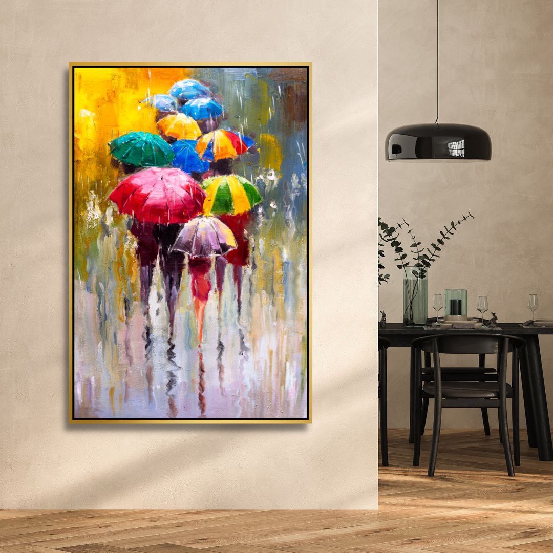 Colorful Umbrellas in Rainy Day Abstract Oil Painting for Home Decor