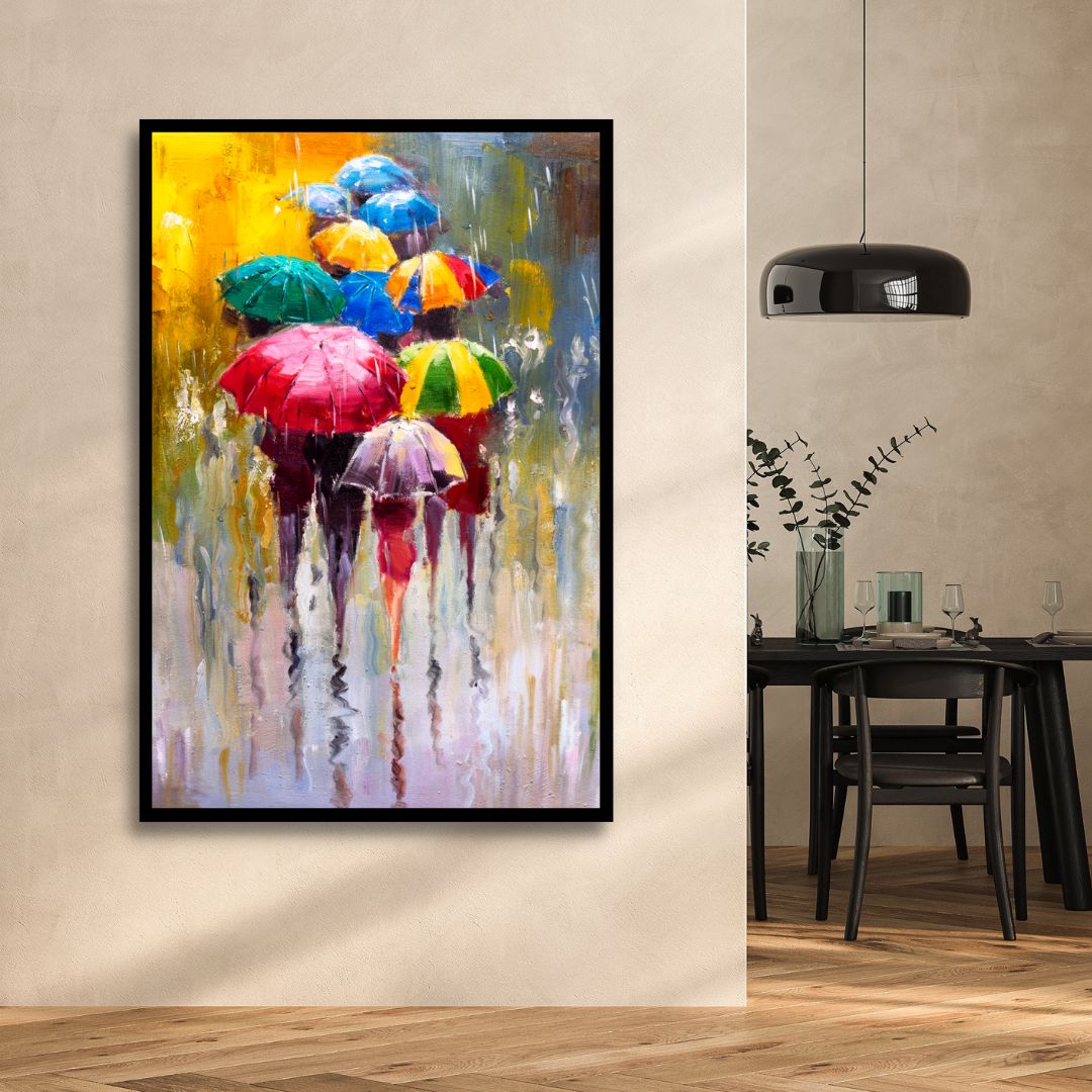 Colorful Umbrellas in Rainy Day Abstract Oil Painting for Home Decor