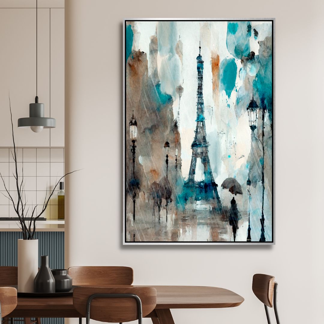 Abstract Paris Oil Painting - Rainy Day with Eiffel Tower Canvas Art for Home Decor