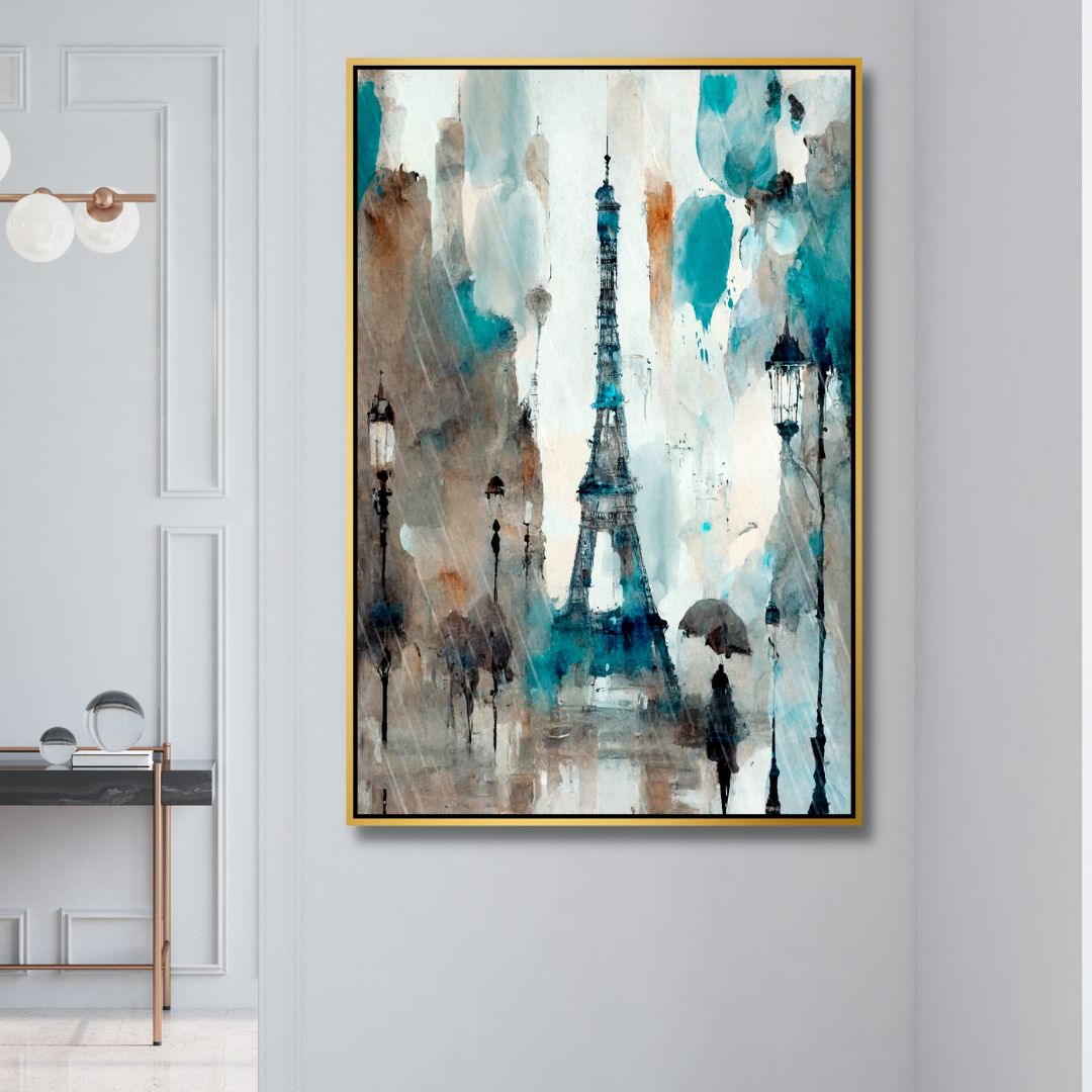 Abstract Paris Oil Painting - Rainy Day with Eiffel Tower Canvas Art for Home Decor