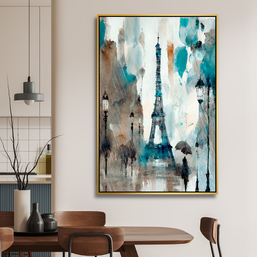 Abstract Paris Oil Painting - Rainy Day with Eiffel Tower Canvas Art for Home Decor