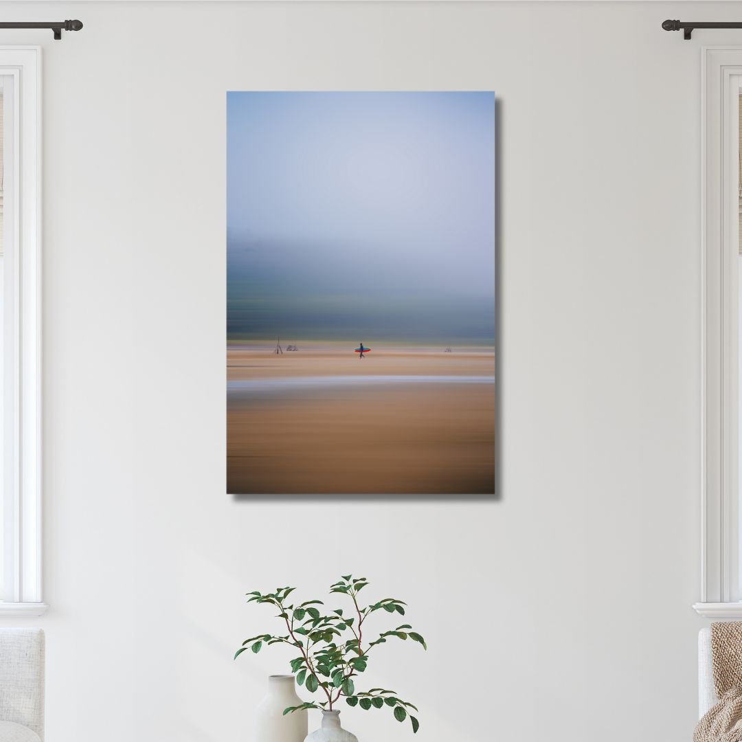 Abstract Coastal Surfing Oil Painting with Vibrant Red and Blue Tones