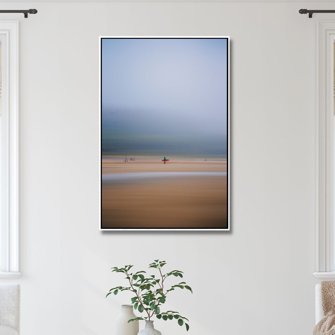Abstract Coastal Surfing Oil Painting with Vibrant Red and Blue Tones
