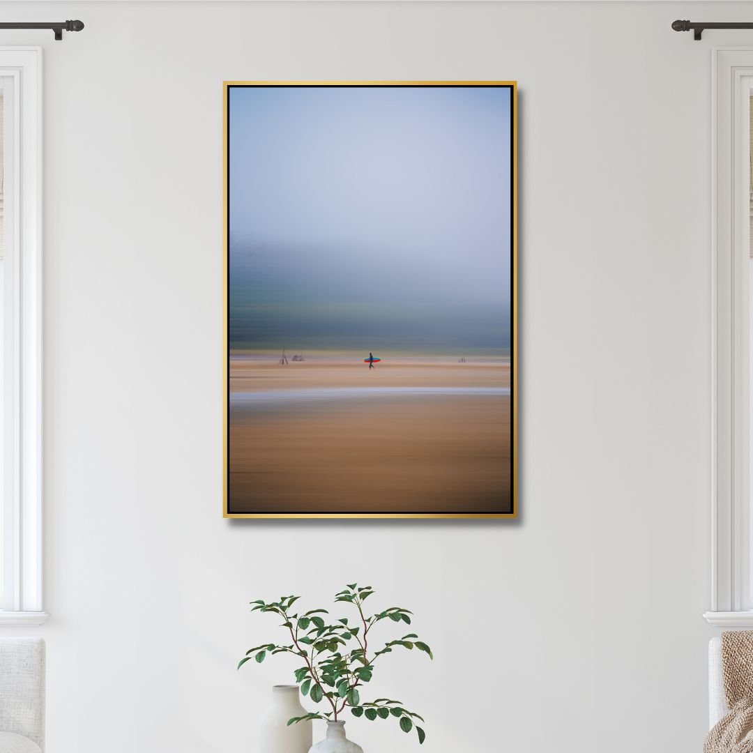 Abstract Coastal Surfing Oil Painting with Vibrant Red and Blue Tones