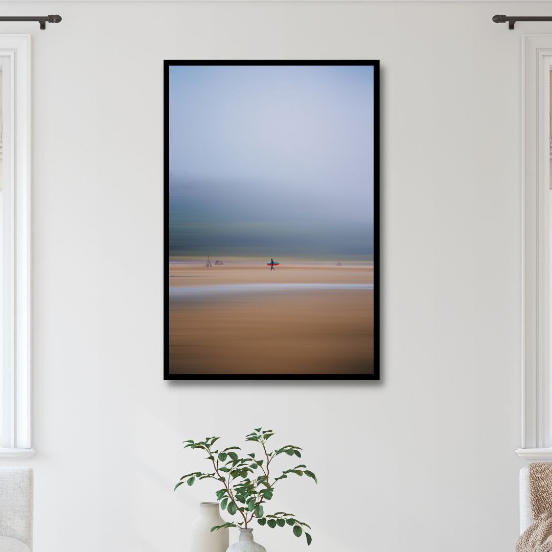 Abstract Coastal Surfing Oil Painting with Vibrant Red and Blue Tones